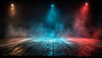 Eerie Stage with Wooden Floorboards Illuminated by Colorful Spotlights and Mysterious Smoke Creating a Dramatic Atmospheric Effect