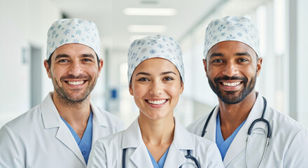 Smiling healthcare professionals posing together in hospital corridor