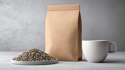 Minimalist Coffee Still Life Freshly Roasted Beans in Bowl Brown Paper Bag and White Cup on Neutral Background