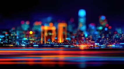 Night city skyline with neon lights and colorful light trails across the water. Concept Night City Skyline, Neon Lights, Colorful Light Trails, Waterfront Reflections, Urban Nightlife