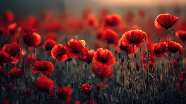 A field of bright red poppies in bloom. Concept Field of red poppies, Poppies in bloom, Spring meadow landscape, Vibrant wildflowers, Golden hour sunlight