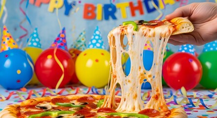 Celebrate with a delicious birthday pizza party featuring stretchy cheese and colorful balloons, perfect for a fun and festive gathering