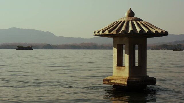 Iconic Stone Marker with Boats and Hills on West Lake Xihu