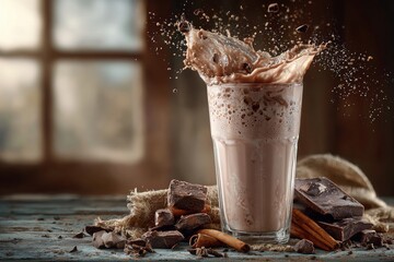 Decadent Chocolate Milkshake Explosion With Cinnamon and Dark Chocolate Chunks A Sweet Culinary Still Life for Deliciousness