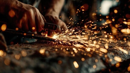 A worker grinds metal with a handheld grinder, sparks flying as metal shavings scatter. Concept Industrial metalworking, Sparks flying, Handheld grinder operation, Metal shavings spray