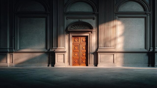 An ornate wooden door set in a grand stone facade with fluted columns, bathed in warm sunlight and long shadows. Concept Ornate wooden door set in a grand stone facade - Powered by Adobe