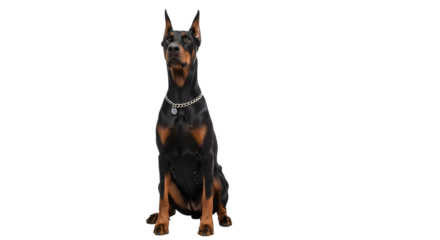 Elegant doberman pinscher portrait sitting tall against a dark background in studio