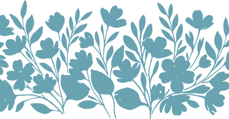 Delicate teal blue silhouette of blooming wildflowers and leaves creating a natural border on a white background