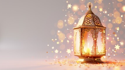 Golden Ramadan Lantern with Bokeh Lights A Festive Scene of Illumination and Celebration