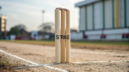 Cricket Stumps Marked Strike Standing on a Sports Field