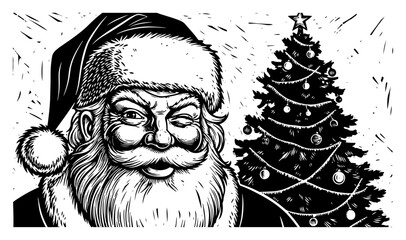 Vintage Santa Claus Portrait with Christmas Tree Illustration