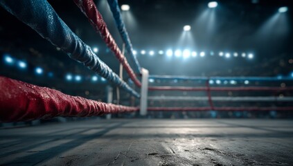 Intense Boxing Ring Atmosphere Awaits Fierce Competition Red and Blue Ropes Lead to the Center of Action