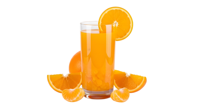 Refreshing orange juice in a glass with orange slices on black