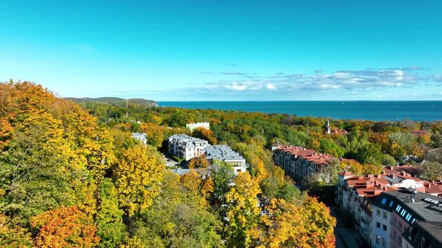 Aerial coastal view over Sopot's autumn forest, residential buildings, and the Baltic Sea under a clear sky.