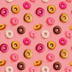 Seamless donut pattern on pink background, bright sweet desserts for textile design of printed products