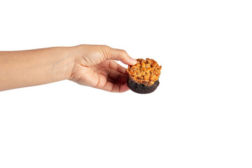 Toffee cake, a close up of homemade caramel nut chocolate cake bakery isolated on transparent...