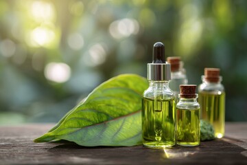 Natural Wellness Elixir Essential Oils in Glass Bottles Adorned by Green Leaf Evoking Serenity and Organic Beauty