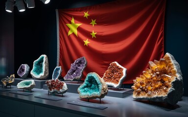 Chinese Flag with Rare Earth and Precious Mineral Specimens – Amethyst, Neodymium, Dysprosium, Yttrium, Lanthanum, Cerium Geodes and Crystals Display