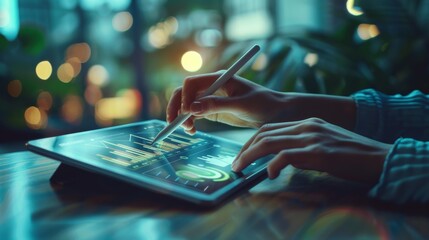 Digital Economy Analysis Hands Interacting with Tablet Displaying Business Data Analytics Charts and Graphs Financial Strategy Technology Interface