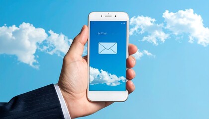 Hand holds a phone displaying an envelope icon against a blue sky with fluffy white clouds in the background