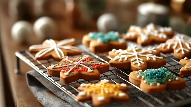Decorated gingerbread cookies cooling on wire rack Christmas baking results colorful icing designs snowflake and star shapes holiday sweets kitchen background defocused with