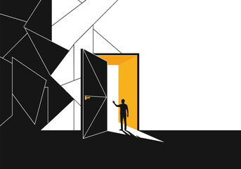 Naklejka premium Geometric doorway to opportunity: minimalist silhouette design in bold colors