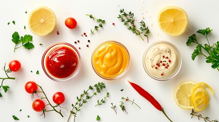Glass bowls filled with red, yellow, and white sauces arranged with rosemary sprigs, lemons, tomatoes, and scattered spices for culinary backgrounds.
