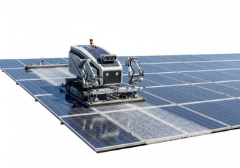 Automated solar panel cleaning robot on array isolated on white background