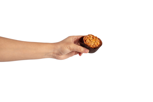 Toffee cake, a close up of homemade caramel nut chocolate cake bakery isolated on transparent background.