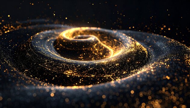 Golden, shimmering particles swirl around a dark, textured, swirling vortex against a blurred, black background