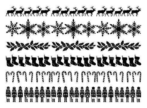 Collection of Christmas Silhouette Borders Featuring Reindeer Snowflakes and Nutcrackers