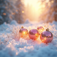 red christmas ball on snow shine in sunlight