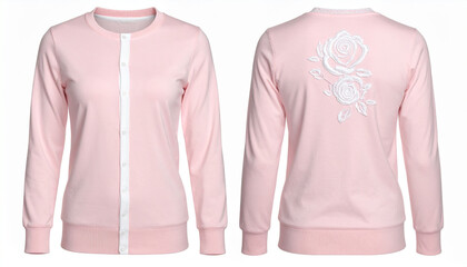 Light Pink Sweatshirt with White Floral Embroidery and Rose Motif &ndash; A Cinematic Showcase of Feminine Elegance, Soft Texture, and Artistic Detail in Ultra HD with Front and Back Views