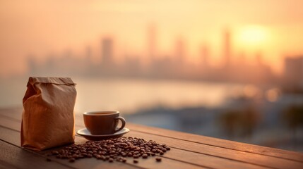 Serene Morning Coffee Scene Featuring Fresh Beans, Rustic Bag, and a Mug with a Blurry Skyline Backdrop