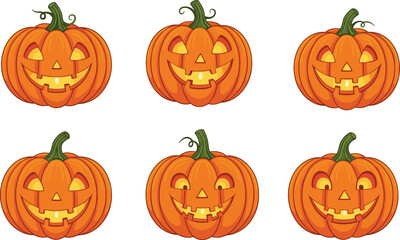 Cartoon jack-o'-lanterns with unique faces, Halloween pumpkin expressions, carved designs, spooky and funny characters, vector illustration set for decoration