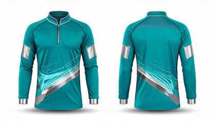 Teal Long-Sleeve Athletic Shirt with Quarter-Zip, Abstract Silver Graphics, and Reflective Patches &ndash; A Cinematic Showcase of Performance, Visibility, and Futuristic Style in Ultra HD with Front 