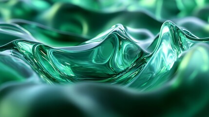 Emerald Green Abstract with Liquid Metallic Waves Mesmerizing Visuals of Iridescent Surfaces and Fluid Dynamics Intricate Patterns
