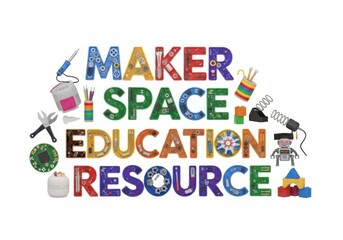 Maker space education resource text with craft supplies isolated on white background
