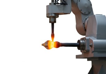 Industrial robot arm performing hot forging on a metal workpiece isolated on white background