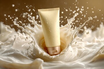 Cosmetic Tube Explosion Beige on Brown Background