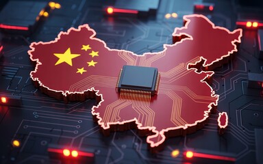 China Tech Sovereignty – Integrated Circuit Chip on Chinese Map, digital network, rare earth input