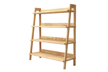 Natural wood four tier ladder shelf unit with black background furniture storage