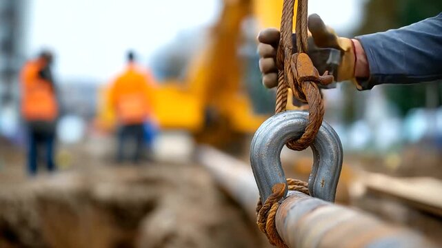 Crane hook lifting pipe section over trench rigging and installation infrastructure construction operation safety procedures heavy lift construction crew defocused below with
