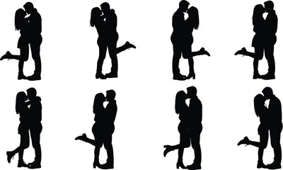 Couple kissing silhouette, romantic pose set, love embrace vector, black human shape, relationship moment, abstract affection illustration design