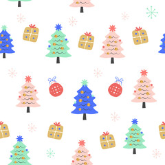 Colorful Christmas trees and gifts cute seamless pattern. Winter festive elements ornaments on white background.