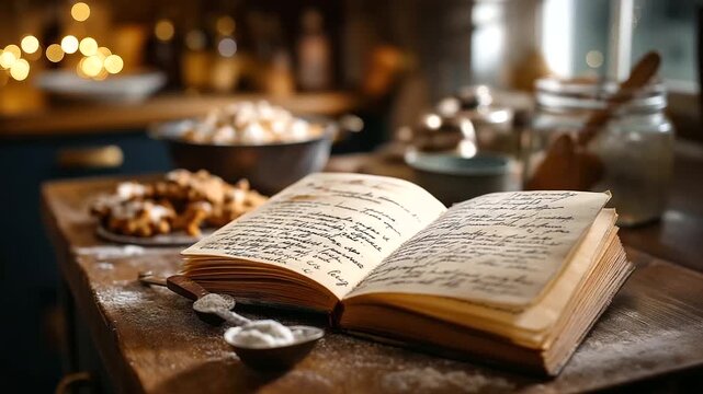 Cookie recipe book open with handwritten notes traditional Christmas baking family recipe heritage flour dusted pages measuring spoons visible nostalgic baking defocused with