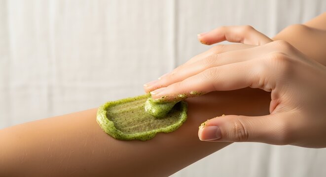 natural herbal body scrub, Applying natural green scrub to arm skin for skincare and exfoli