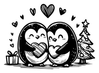 Cute Penguin Couple in Love with Christmas Tree and Gifts Illustration