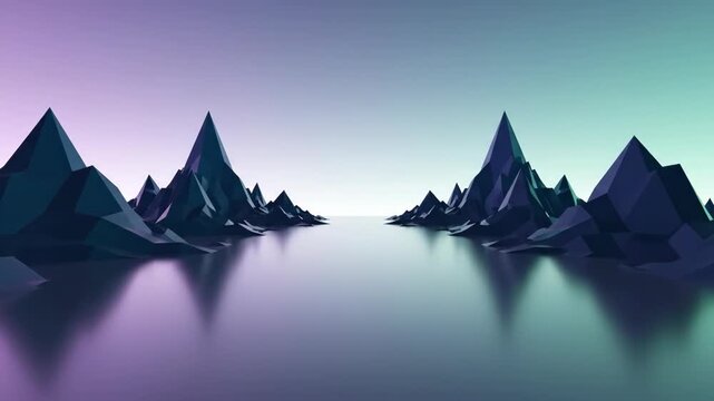 Geometric mountain range reflected on calm water surface with pastel gradient sky