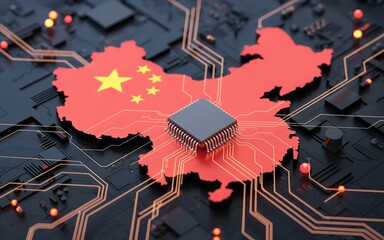 China Tech Sovereignty – Integrated Circuit Chip on Chinese Map, digital network, rare earth input